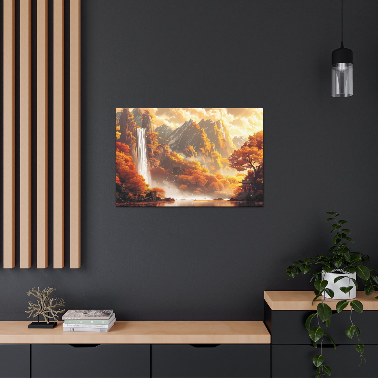 Dreamy Landscape Sunset with Waterfall and Mountains - Digital Illustration Canvas Gallery Wraps