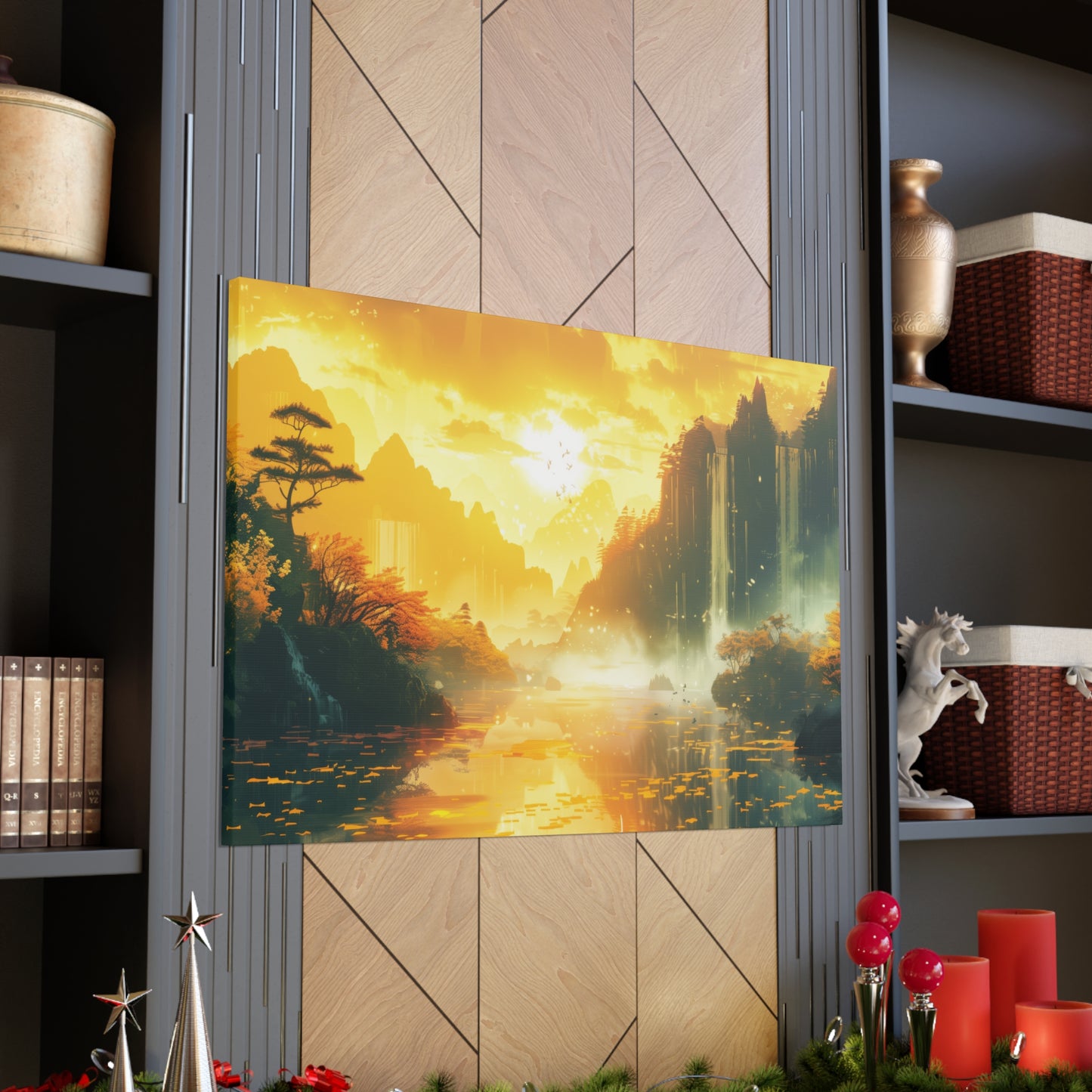 Dreamy Landscape Sunset with Waterfall and Mountains - Digital Illustration Canvas Gallery Wraps