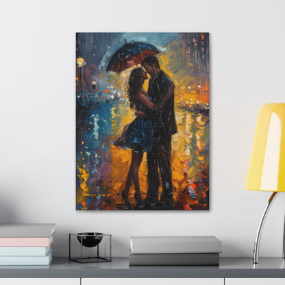 couple in the city streets in a rainy day with umbrella - Leonid Afremov Style Digital Print Canvas Gallery Wraps