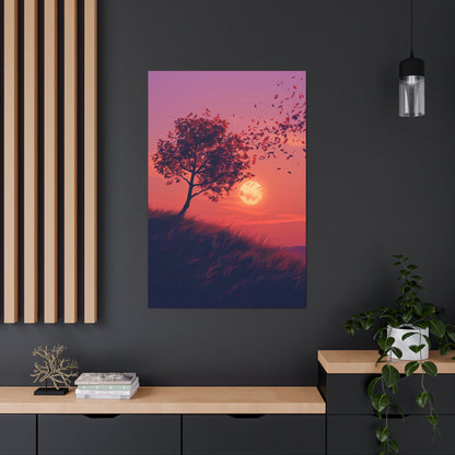 Tree in a Purple Sunset Digital Illustration Canvas Gallery Wraps