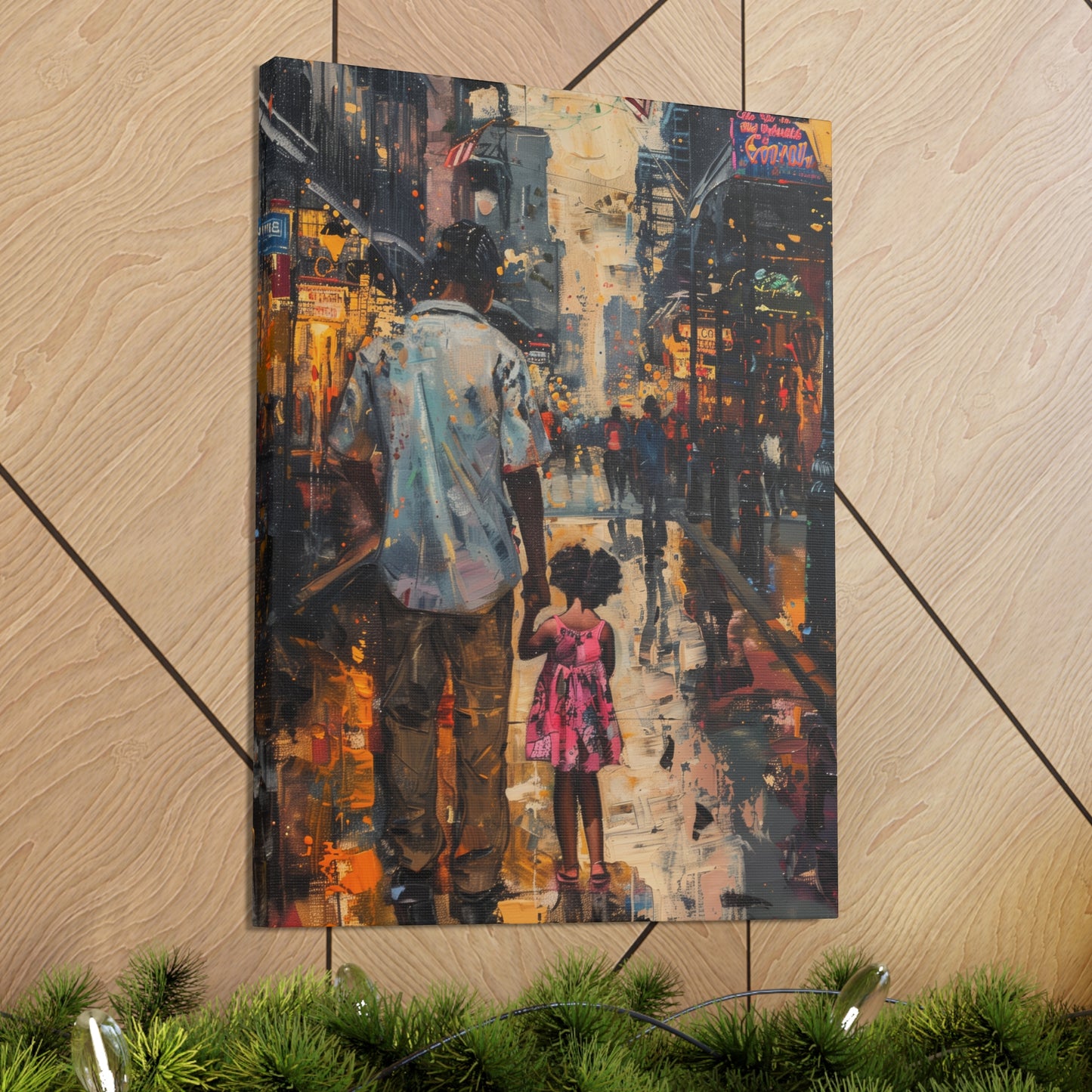 Father and Daughter Walking on the Street - Rembrandt Style Digital Oil Painting Canvas Gallery Wraps