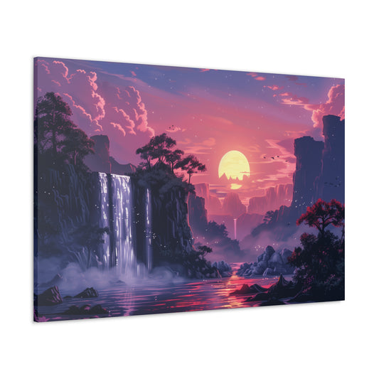 Dreamy Landscape with Waterfall and Mountains - Purple Evening Digital Illustration Canvas Gallery Wraps