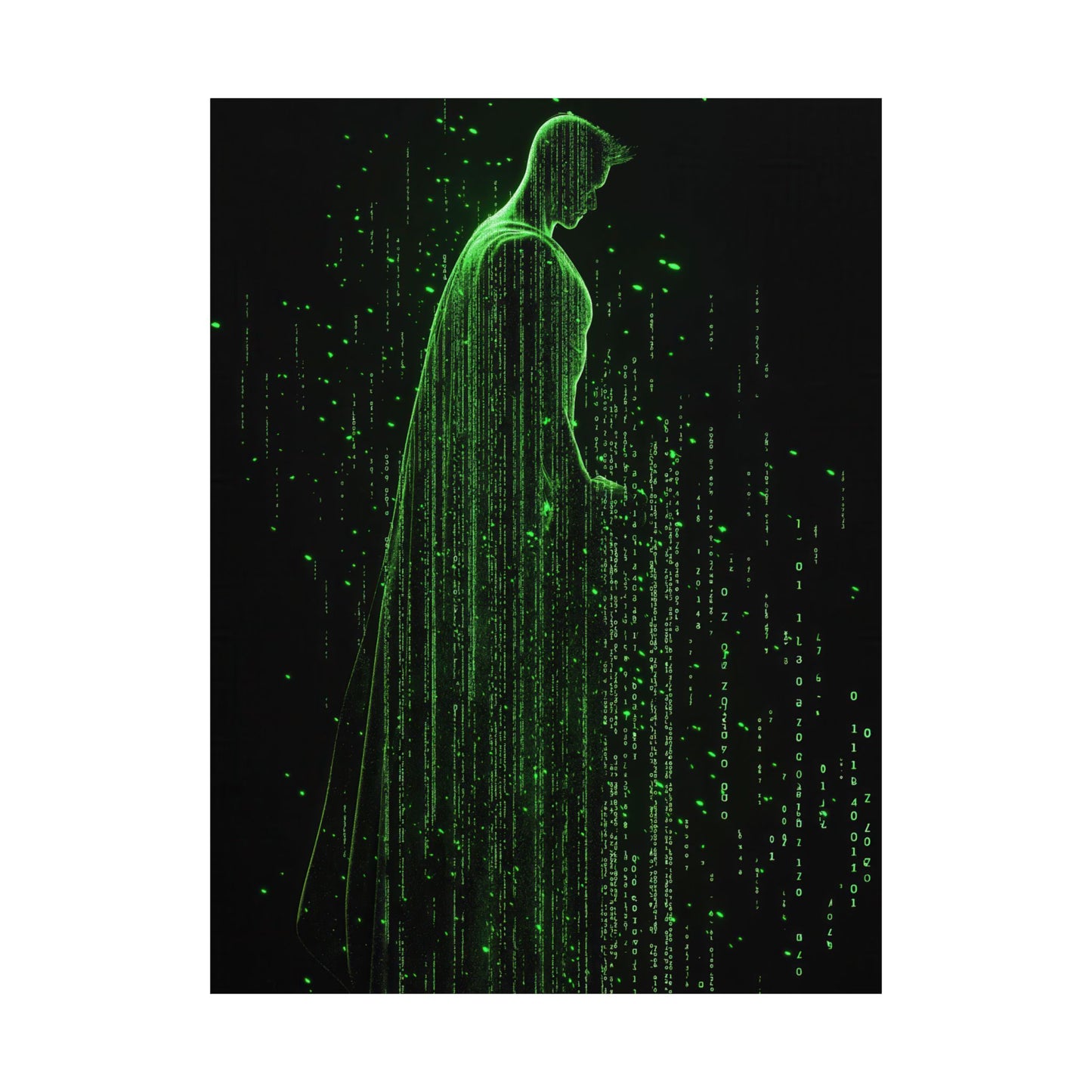 Neon Code Guardian: 3D Glitch Superman Matrix Effect - Digital Illustration Matte Vertical Poster