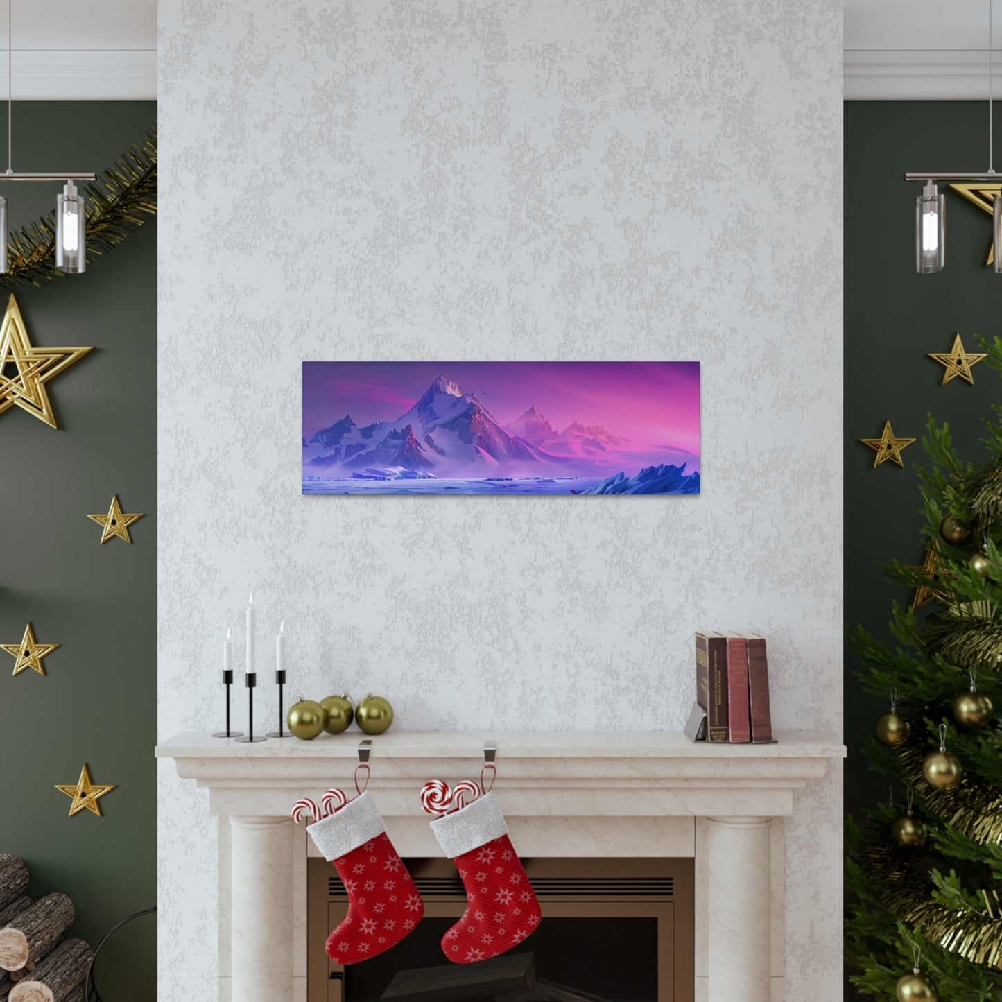 Snowy Mountain Evening in Antarctica - Digital Landscape Illustration Panorama Canvas Gallery Wraps