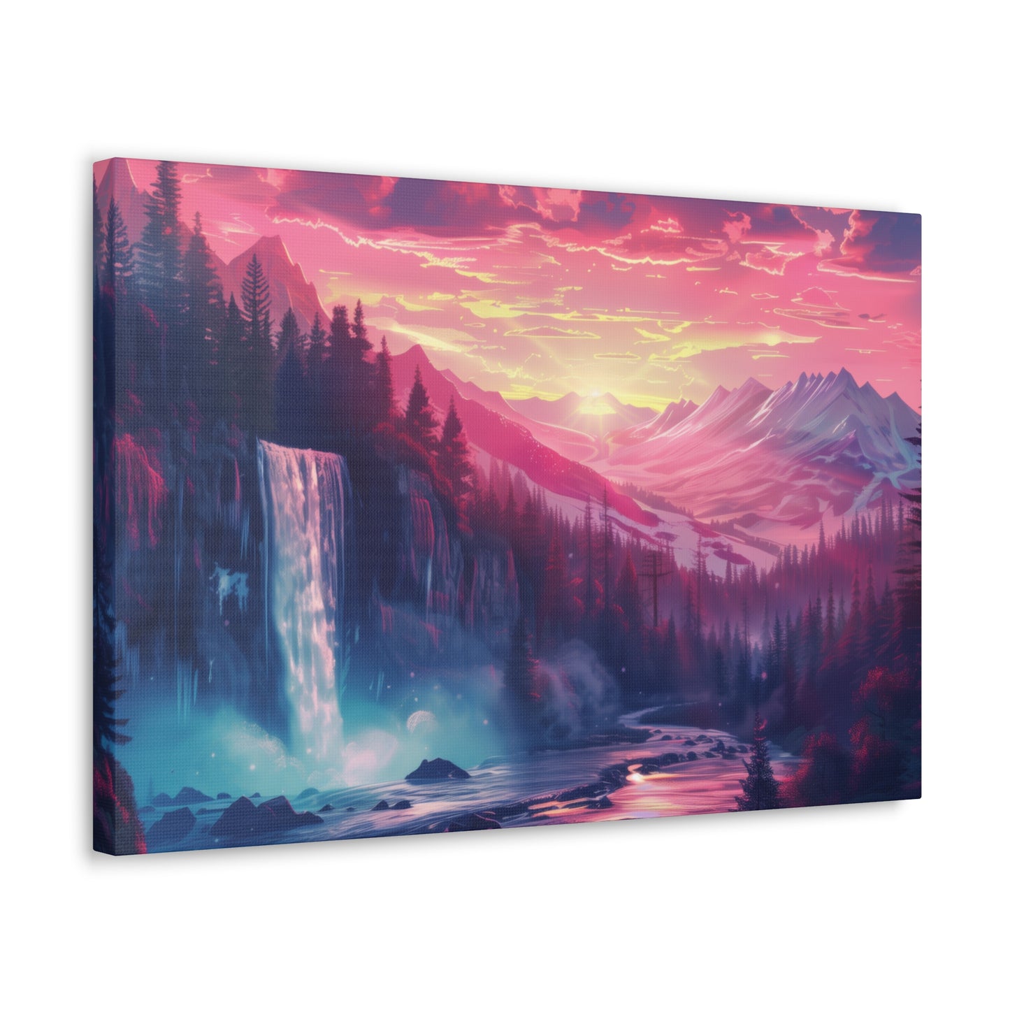 Dreamy Landscape with Waterfall and Mountains - Purple Evening Digital Illustration Canvas Gallery Wraps