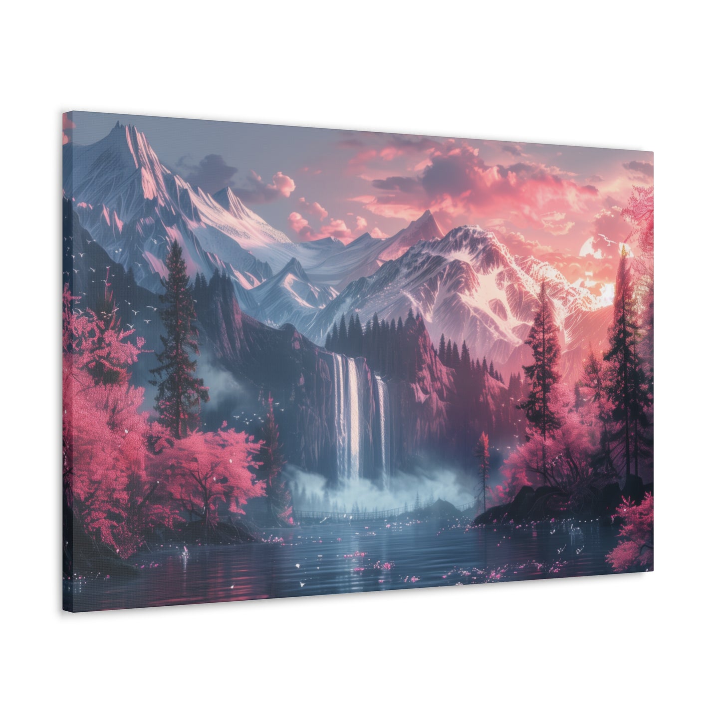 Dreamy Landscape Sunset with Waterfall and Mountains - Digital Illustration Canvas Gallery Wraps