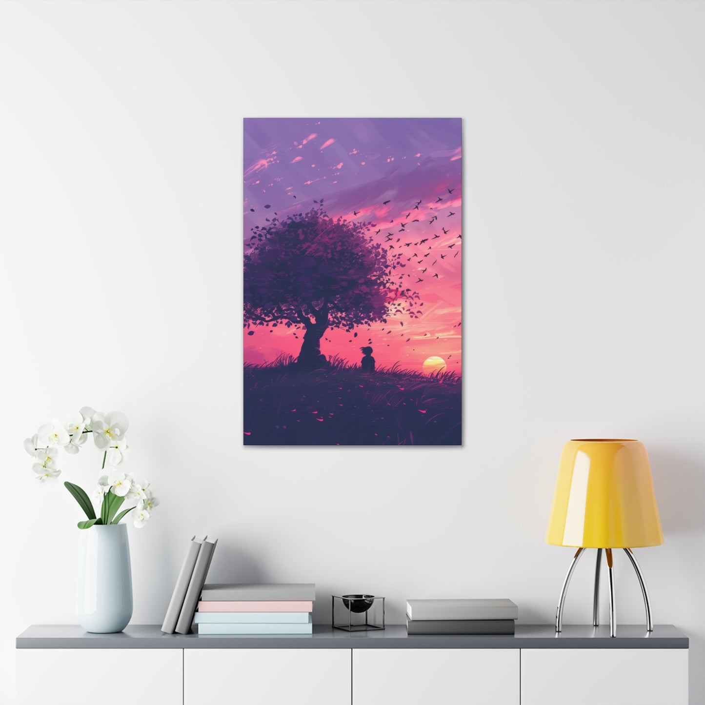 Tree in a Purple Sunset Digital Illustration Canvas Gallery Wraps