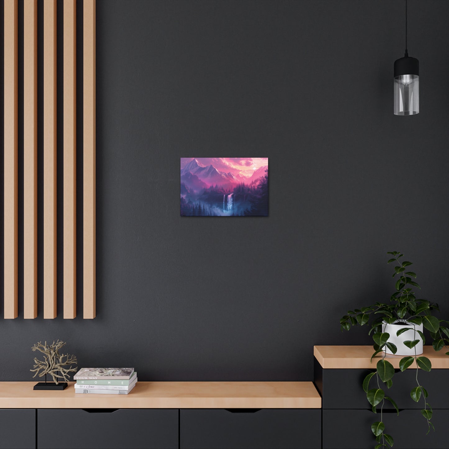 Dreamy Landscape Sunset with Waterfall and Mountains - Digital Illustration Canvas Gallery Wraps