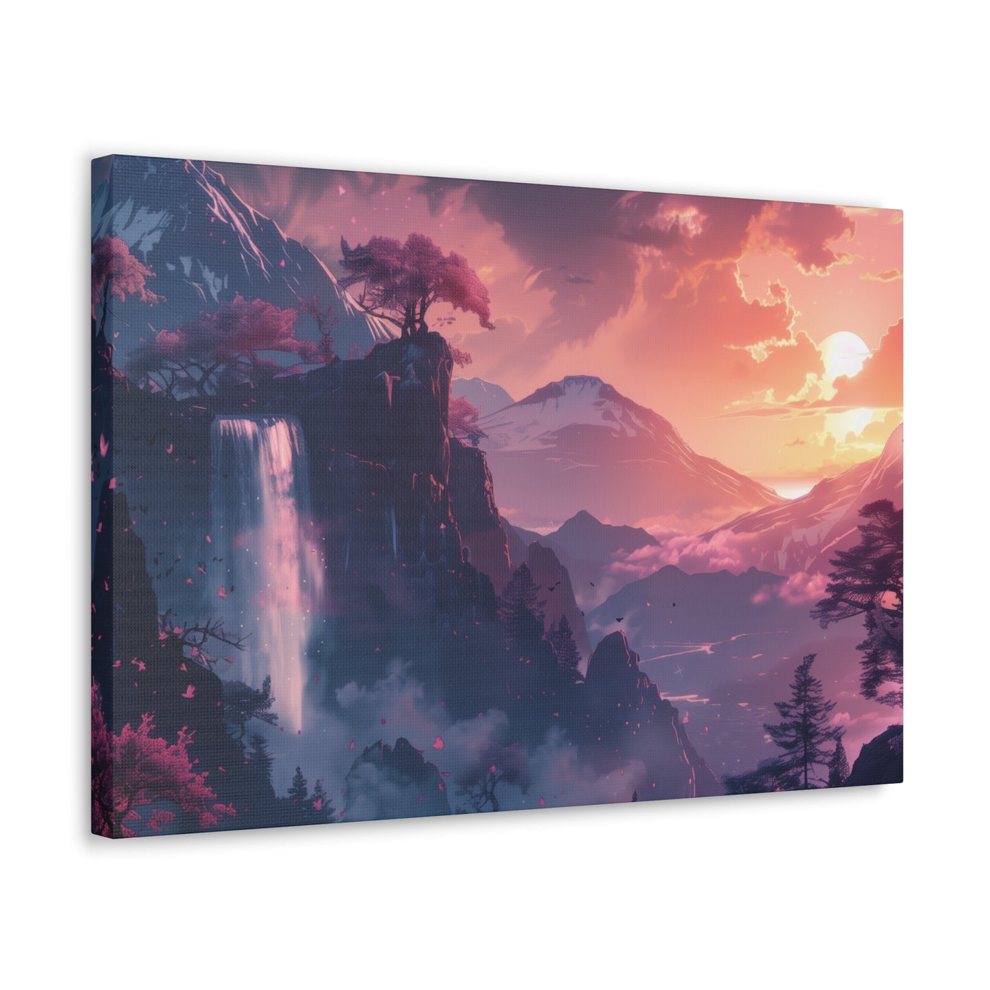 Dreamy Landscape with Waterfall and Mountains - Purple Evening Digital Illustration Canvas Gallery Wraps