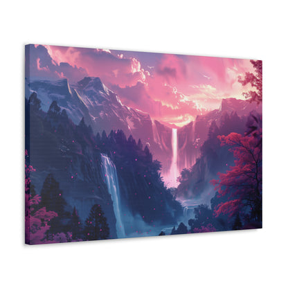 Dreamy Landscape with Waterfall and Mountains - Purple Evening Digital Illustration Canvas Gallery Wraps