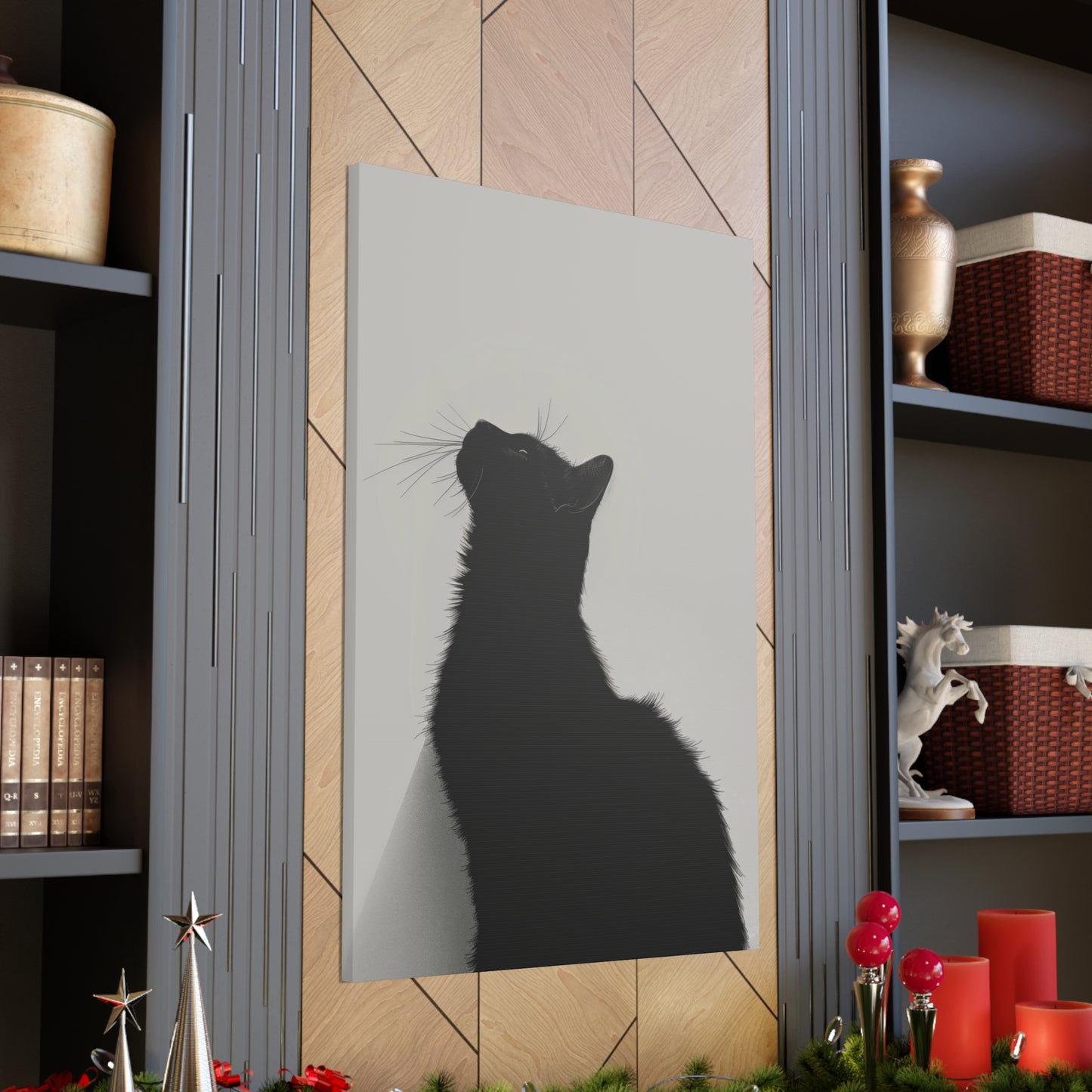 Black Cat Looking Up Digital Illustration Canvas Gallery Wraps