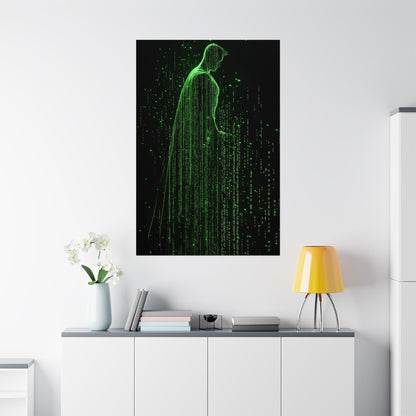 Neon Code Guardian: 3D Glitch Superman Matrix Effect - Digital Illustration Matte Vertical Poster