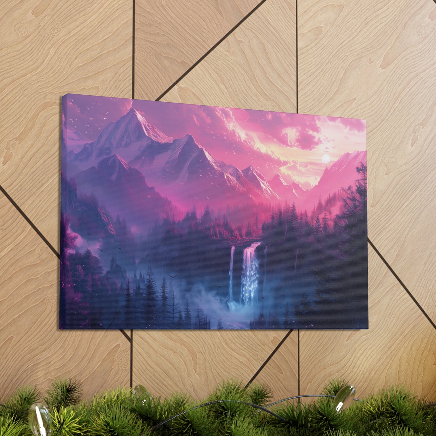 Dreamy Landscape Sunset with Waterfall and Mountains - Digital Illustration Canvas Gallery Wraps