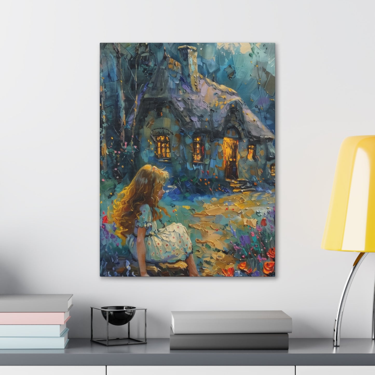 little girl sitting front of a hut in countryside Digital Oil Painting Print Canvas Gallery Wraps