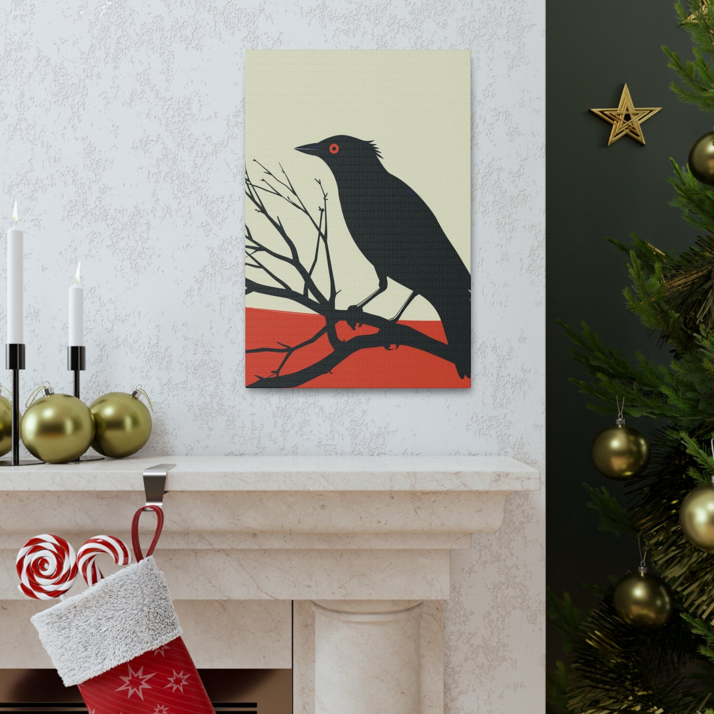 Black Bird Sitting on a Branch Digital Illustration Canvas Gallery Wraps