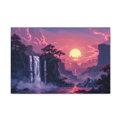 Dreamy Landscape with Waterfall and Mountains - Purple Evening Digital Illustration Canvas Gallery Wraps