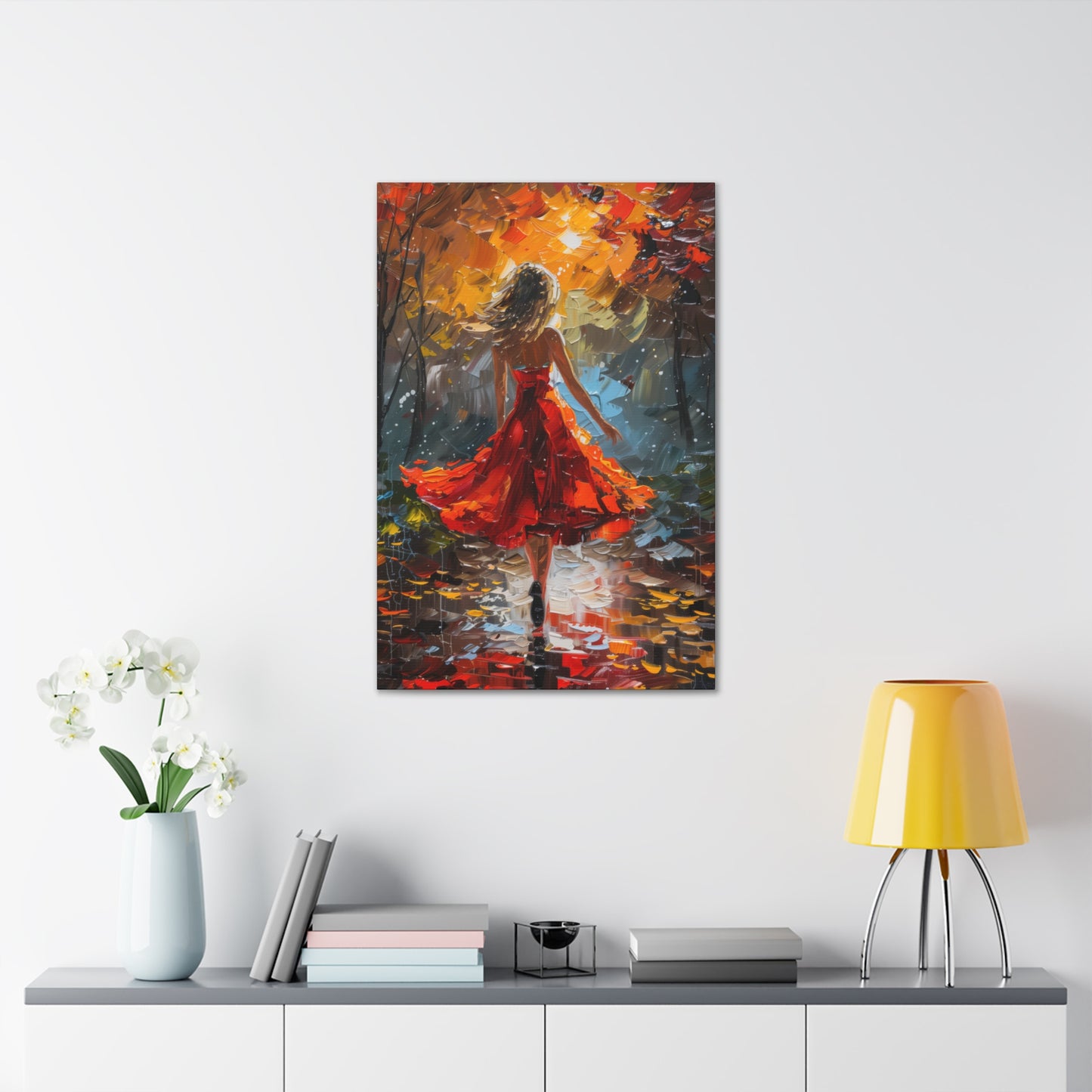 a girl in red dress walking through forest - Leonid Afremov Style Digital Print Canvas Gallery Wraps