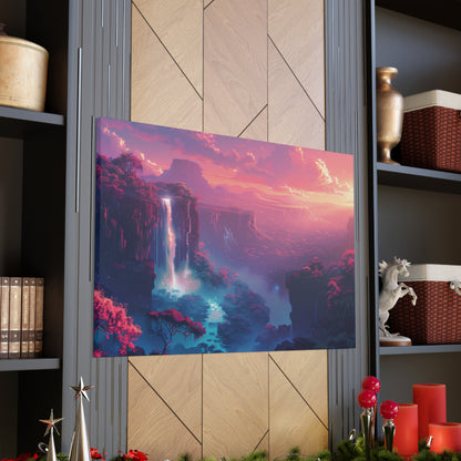 Dreamy Landscape with Waterfall and Mountains - Purple Evening Digital Illustration Canvas Gallery Wraps