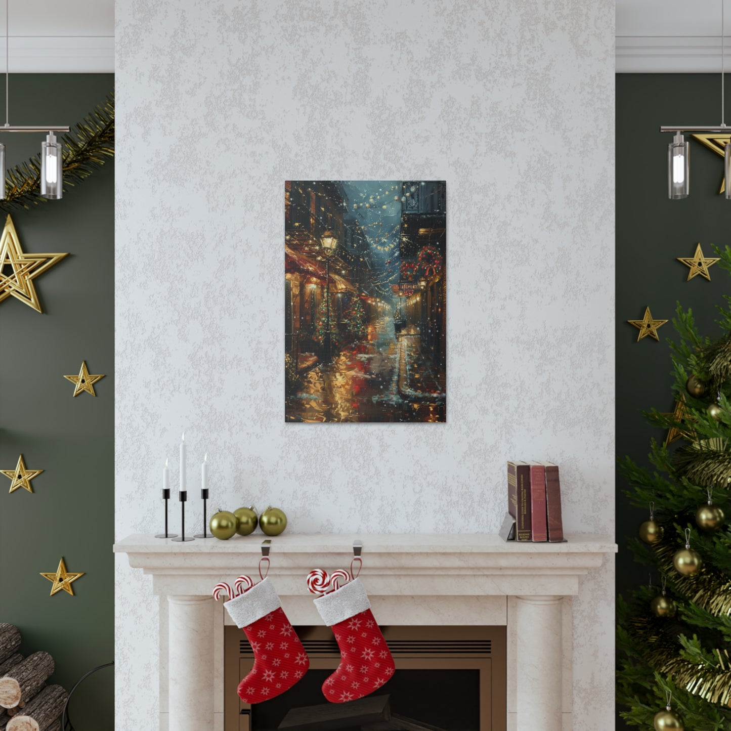 Christmas Time Downtown Street Corner - Rembrandt Style Digital Oil Painting  Canvas Gallery Wraps