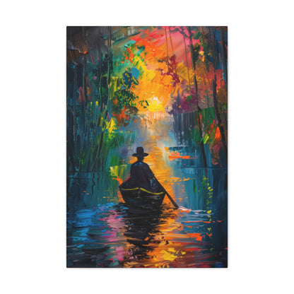 Man Sailing in a Boat in a Autumn Forest River - Claude Monet Style Digital Print Canvas Gallery Wraps