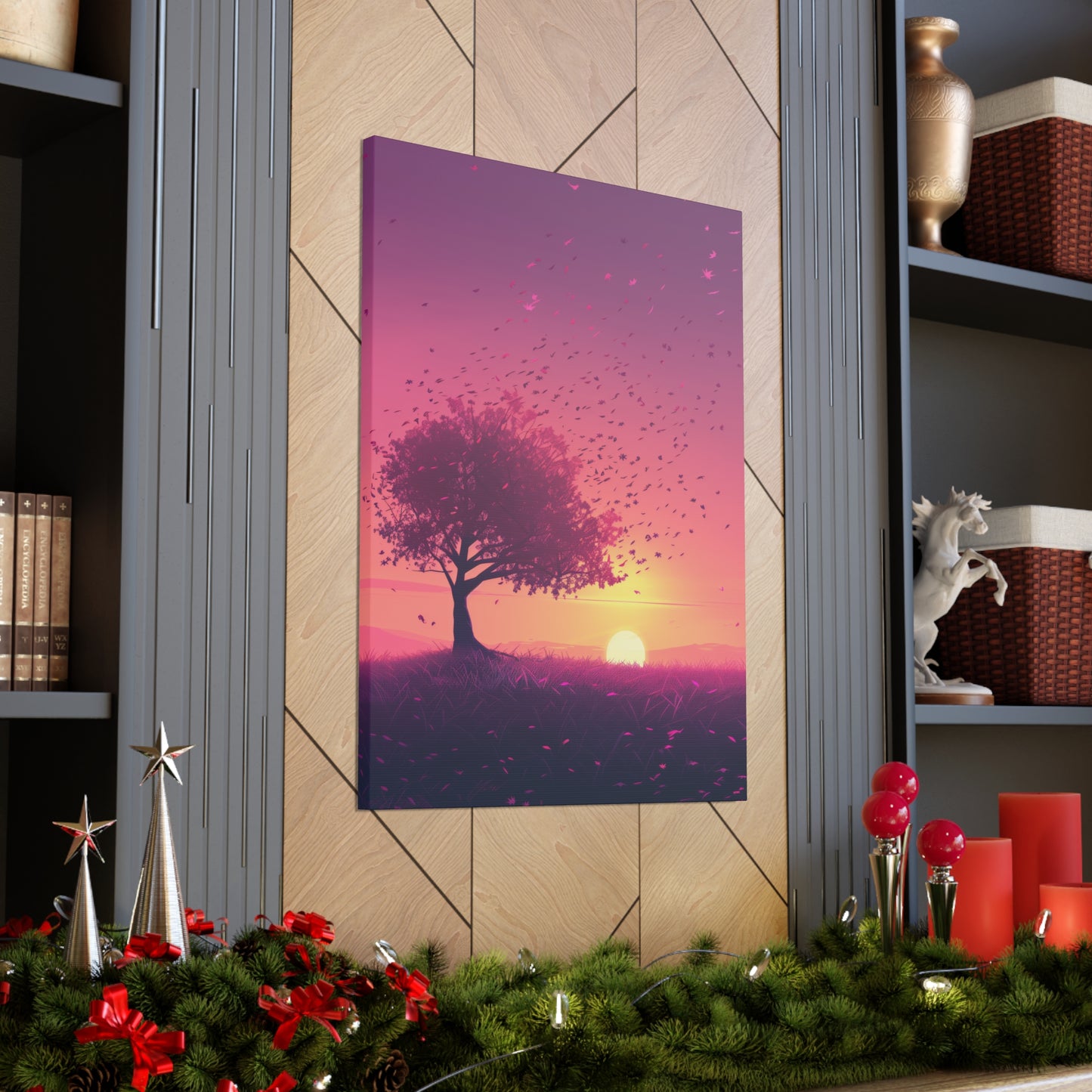 Tree in a Purple Sunset Digital Illustration Canvas Gallery Wraps