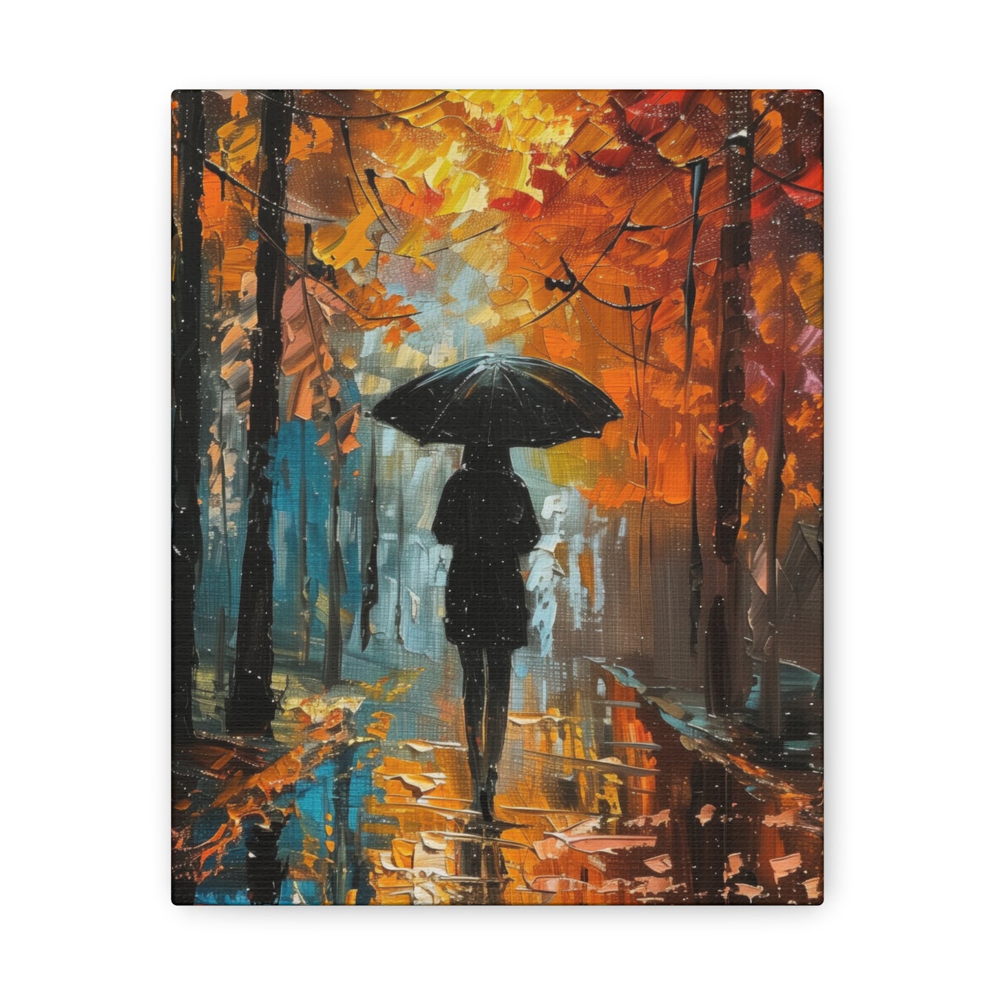 girl with an umbrella walking through forest road - Leonid Afremov Style Digital Print Canvas Gallery Wraps