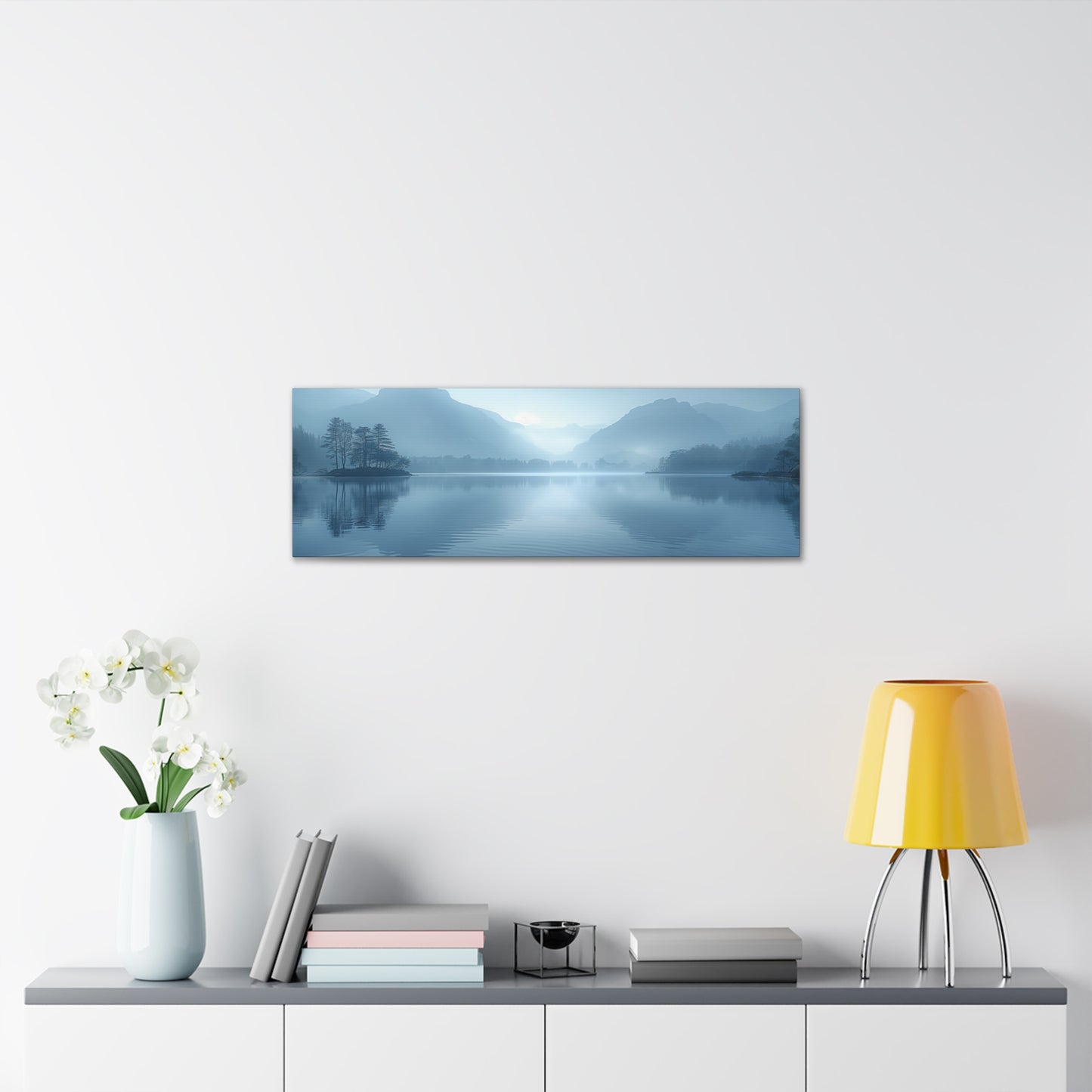 Lake Landscape with Mountains - Morning Mist Panorama Canvas Gallery Wraps