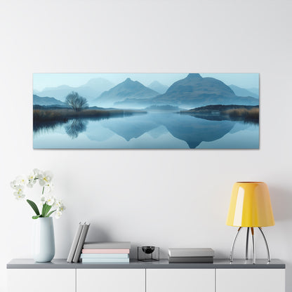 Lake Landscape with Mountains - Morning Mist Panorama Canvas Gallery Wraps