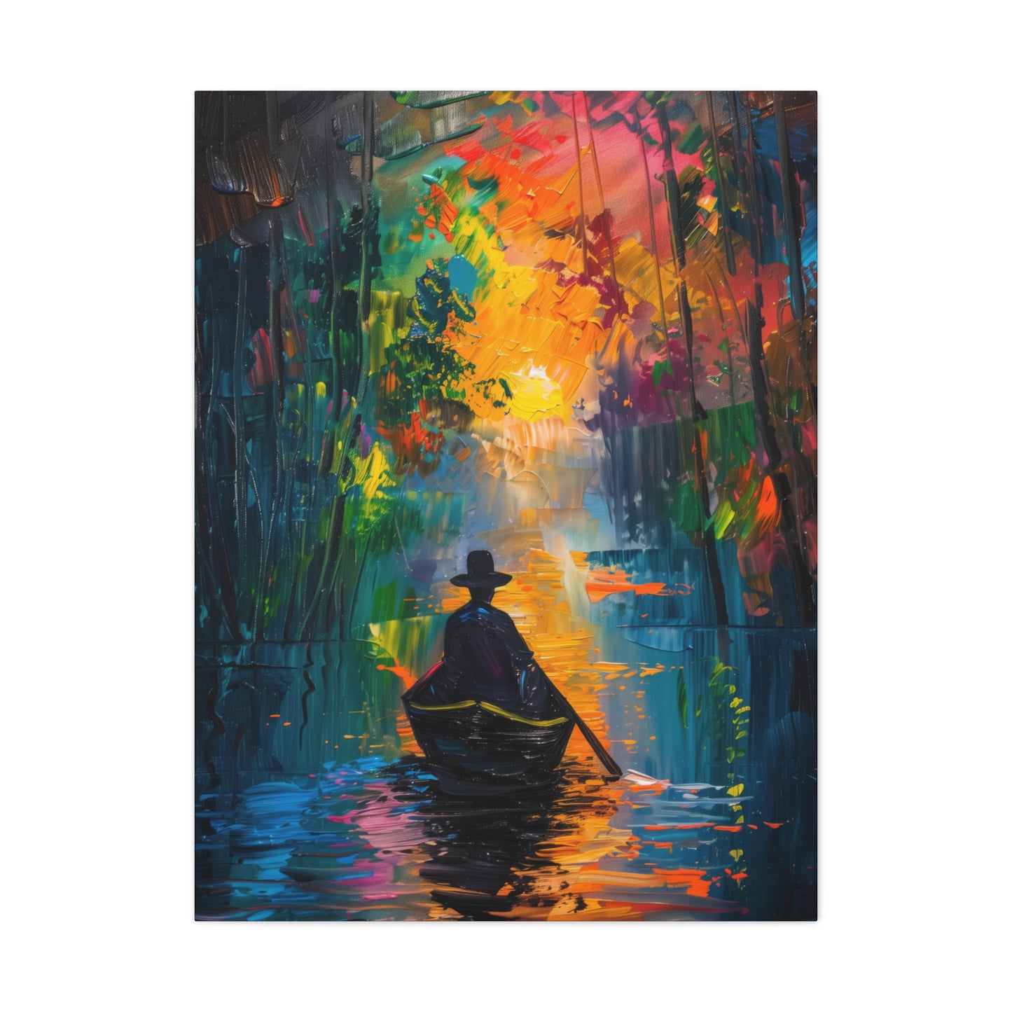 Man Sailing in a Boat in a Autumn Forest River - Claude Monet Style Digital Print Canvas Gallery Wraps