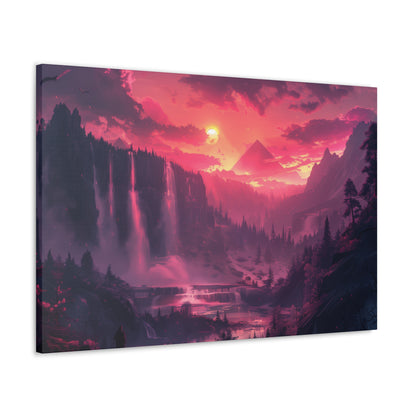 Dreamy Landscape with Waterfall and Mountains - Purple Evening Digital Illustration Canvas Gallery Wraps