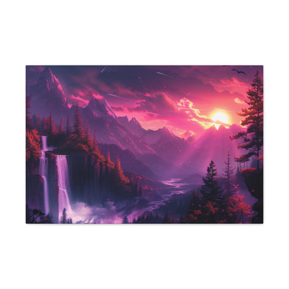 Dreamy Landscape with Waterfall and Mountains - Purple Evening Digital Illustration Canvas Gallery Wraps