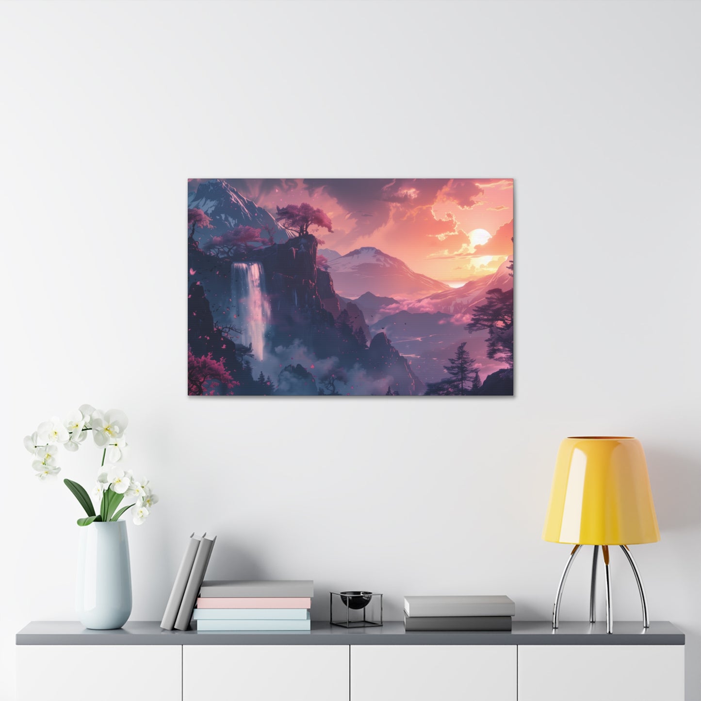 Dreamy Landscape with Waterfall and Mountains - Purple Evening Digital Illustration Canvas Gallery Wraps