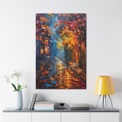 Nighttime Street in Autumn - Leonid Afremov Style Digital Oil Painting Canvas Gallery Wraps