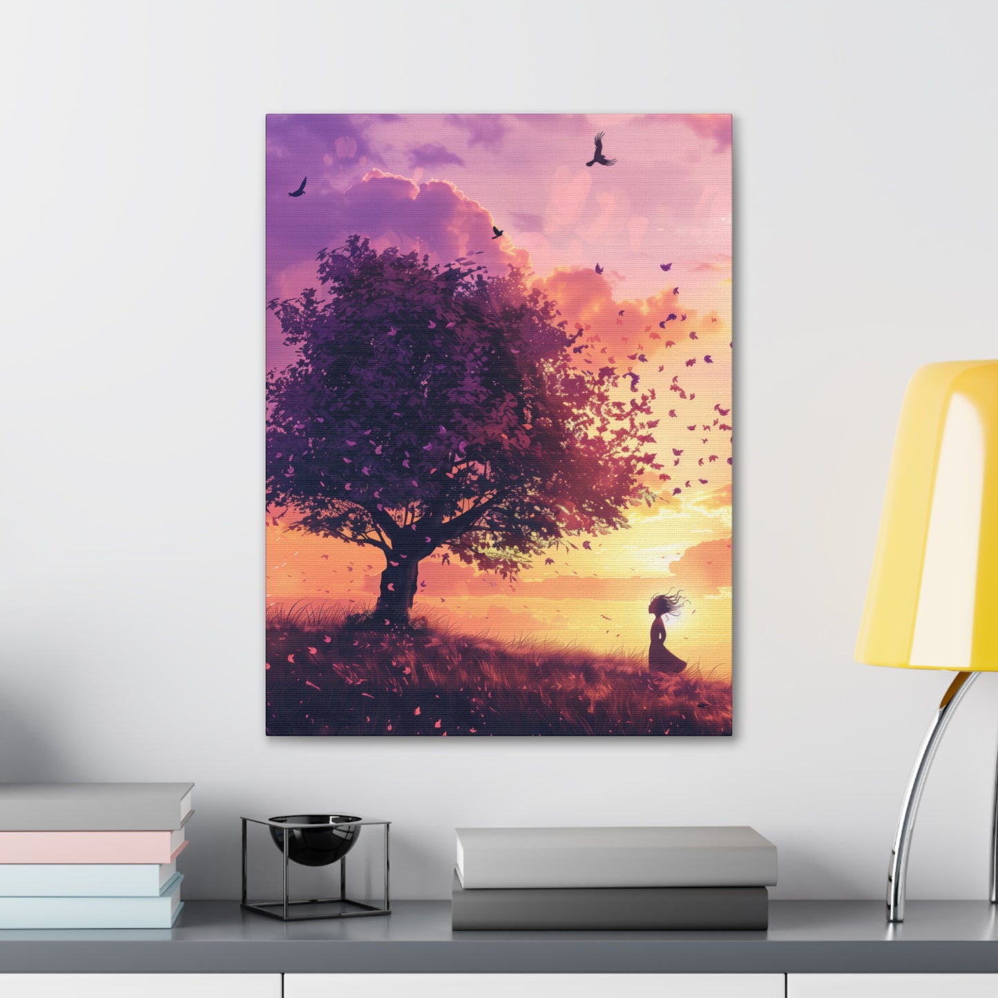 Tree in a Purple Sunset Digital Illustration Canvas Gallery Wraps