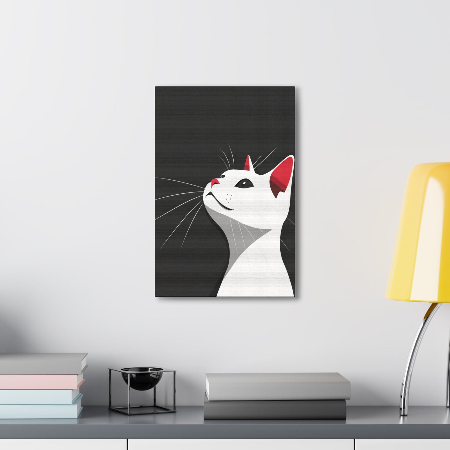 White Cat in Black Background Digital Illustration Canvas Gallery Wraps