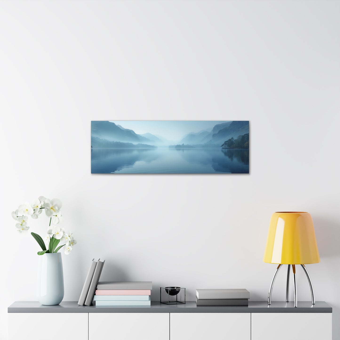 Lake Landscape with Mountains - Morning Mist Panorama Canvas Gallery Wraps