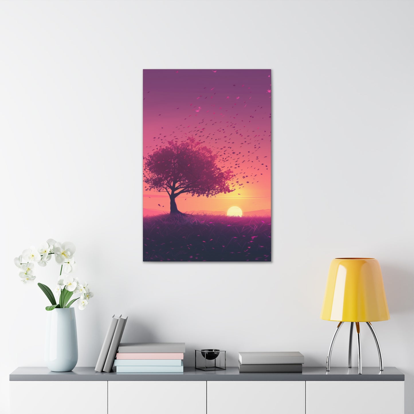 Tree in a Purple Sunset Digital Illustration Canvas Gallery Wraps