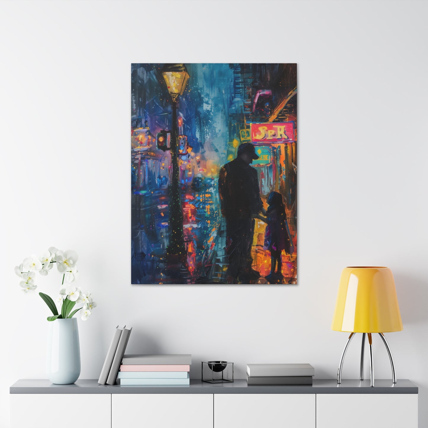 Father and Daughter Walking on the Street - Rembrandt Style Digital Oil Painting Canvas Gallery Wraps