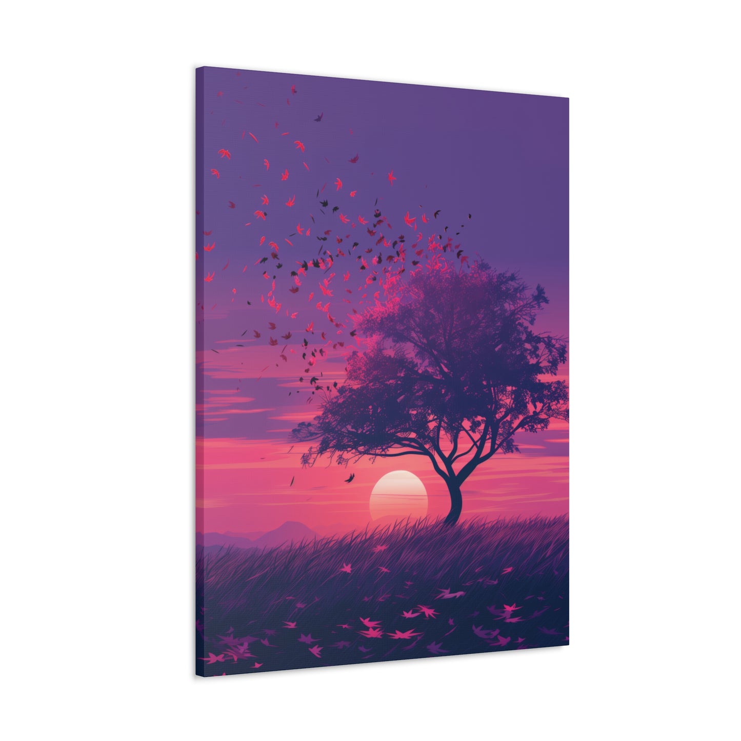 Tree in a Purple Sunset Digital Illustration Canvas Gallery Wraps