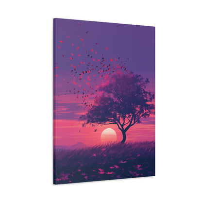 Tree in a Purple Sunset Digital Illustration Canvas Gallery Wraps