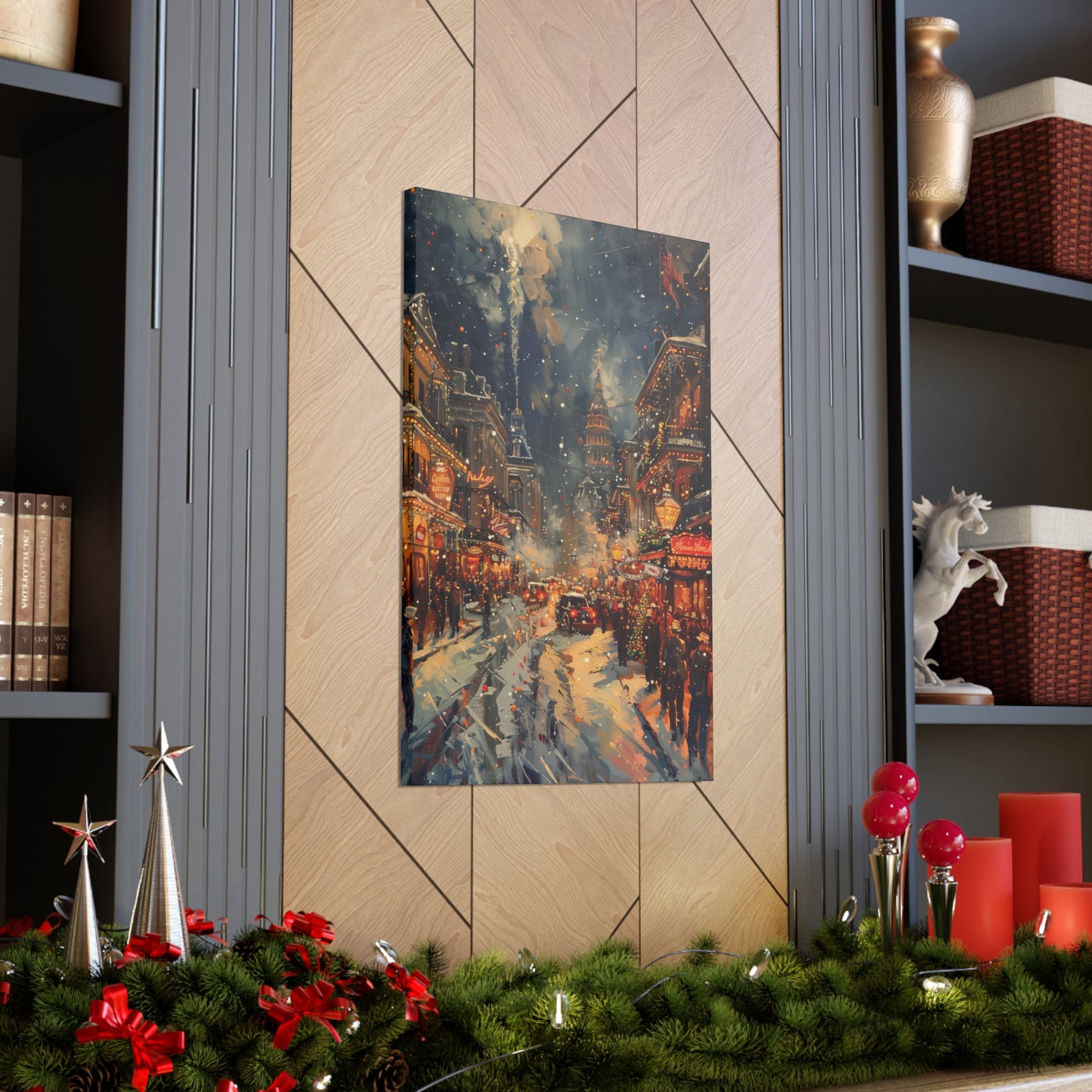 Christmas Street Corner in Downtown - Rembrandt Style Digital Oil Painting Canvas Gallery Wraps