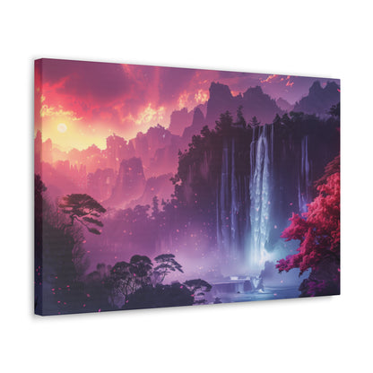 Dreamy Landscape Sunset with Waterfall and Mountains - Digital Illustration Canvas Gallery Wraps