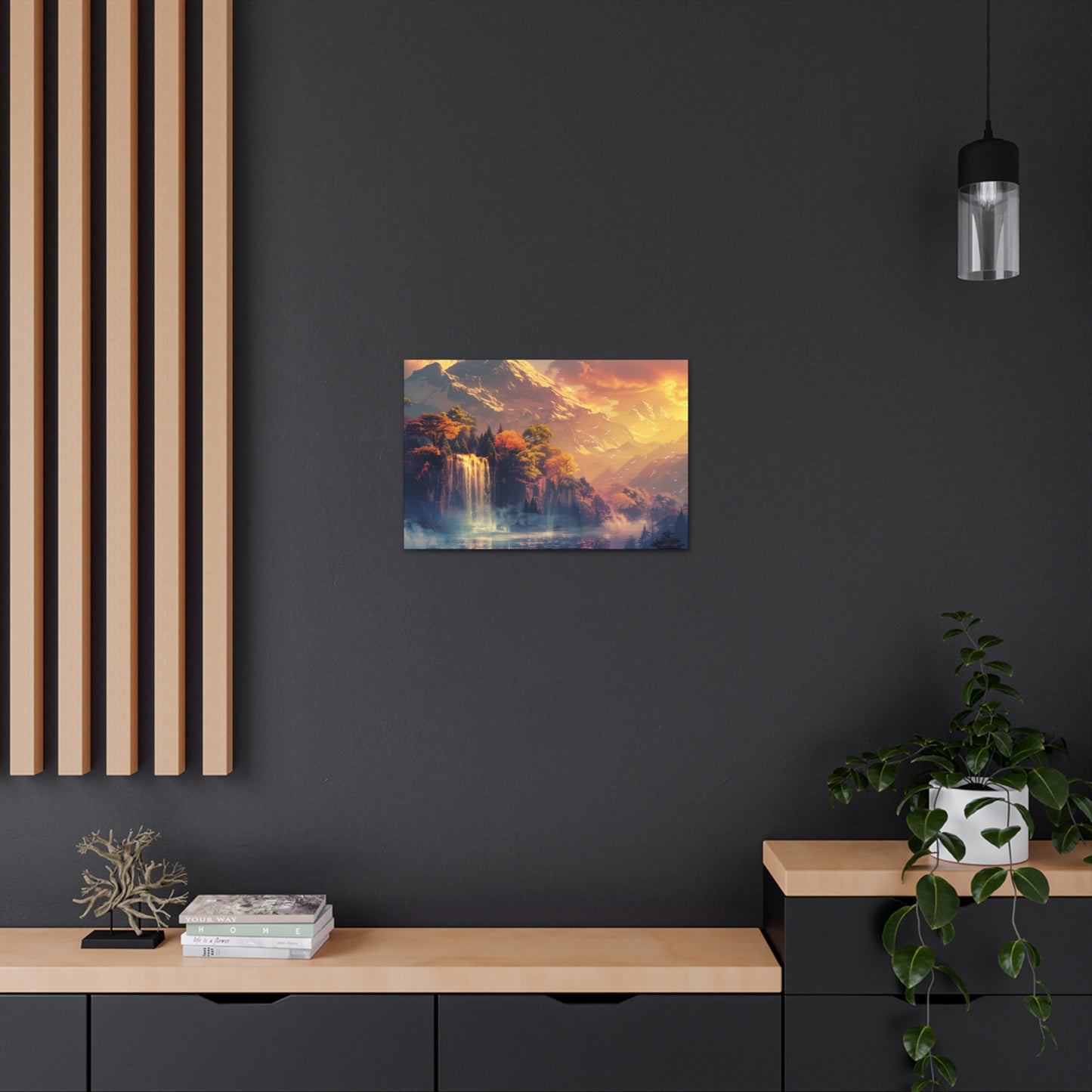 Dreamy Landscape Sunset with Waterfall and Mountains - Digital Illustration Canvas Gallery Wraps