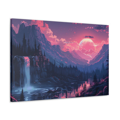 Dreamy Landscape Sunset with Waterfall and Mountains -  Digital Illustration Canvas Gallery Wraps