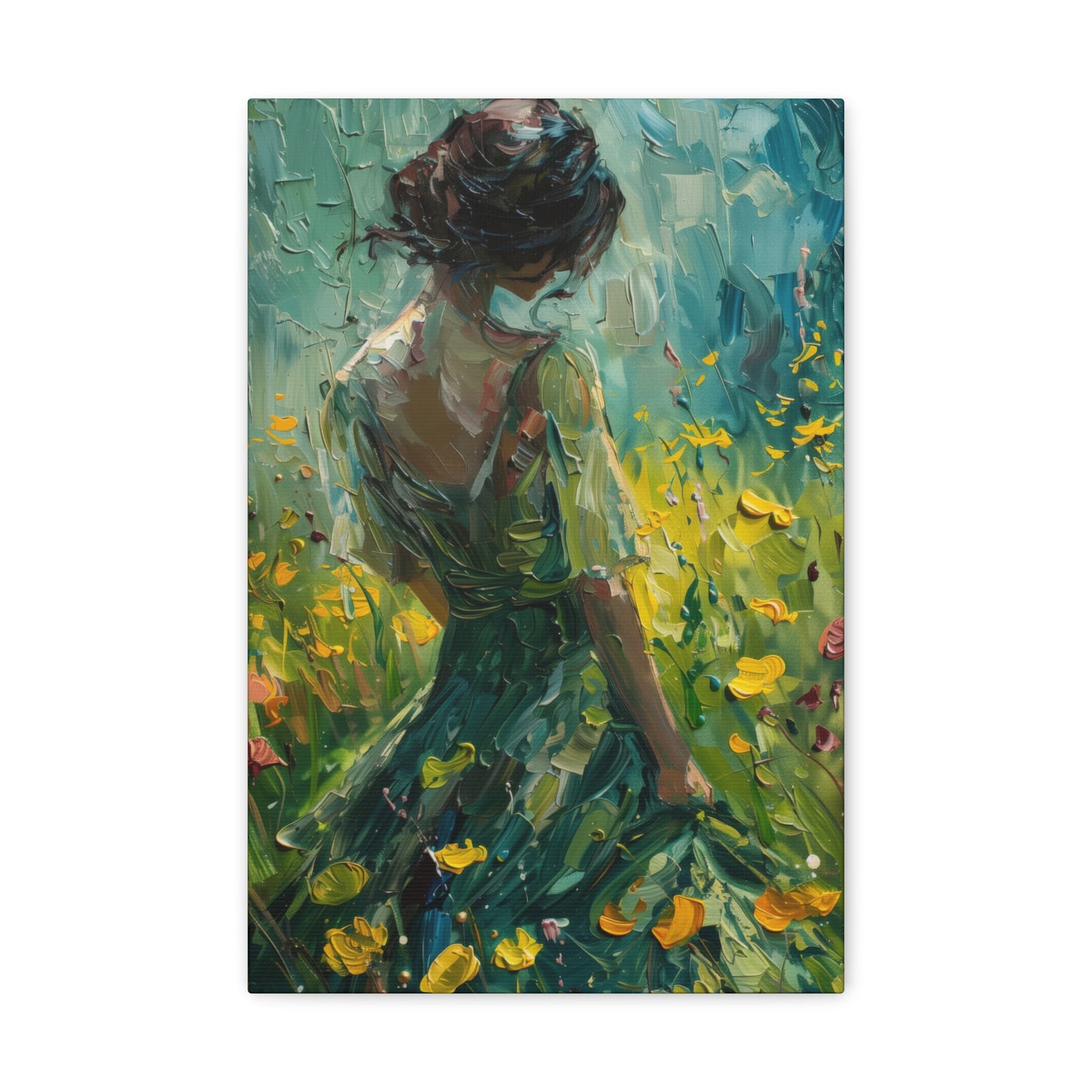 girl in a flower field wearing a green dress Digital Oil Painting Print Canvas Gallery Wraps