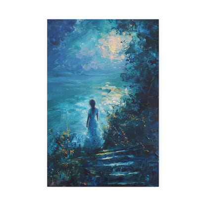 Woman looking at sea night time Digital Oil Painting Print Canvas Gallery Wraps