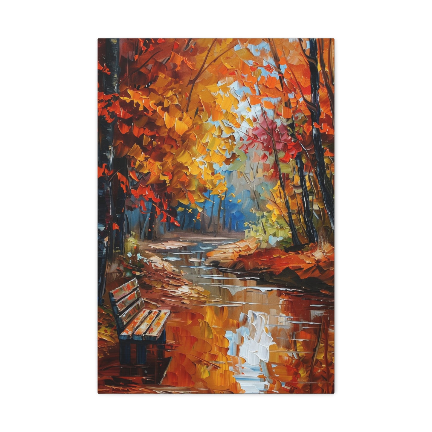 Bench Near Countryside River in Autumn - Leonid Afremov Style Digital Oil Painting Canvas Gallery Wraps