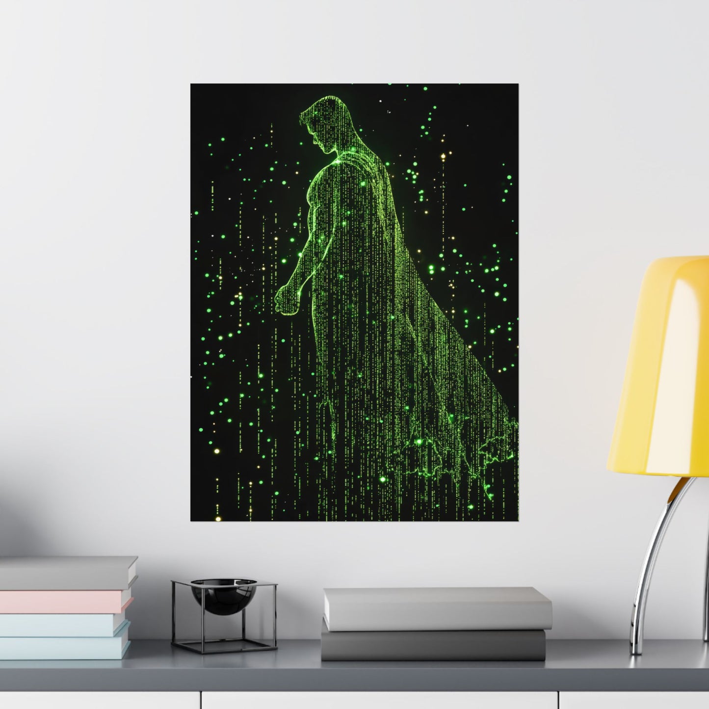 Neon Code Guardian: 3D Glitch Superman Matrix Effect - Digital Illustration Matte Vertical Poster