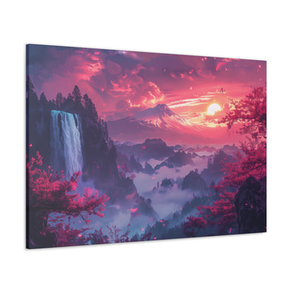 Dreamy Landscape Sunset with Waterfall and Mountains - Digital Illustration Canvas Gallery Wraps