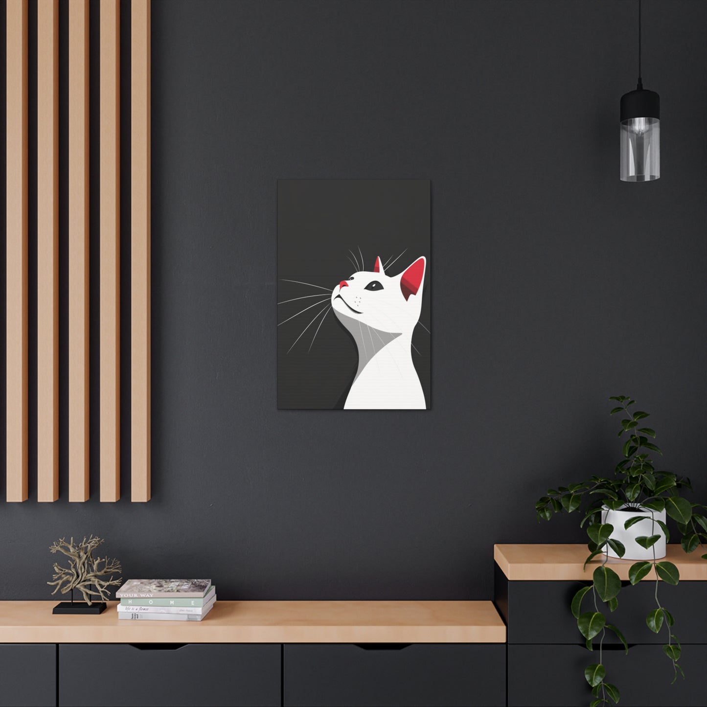 White Cat in Black Background Digital Illustration Canvas Gallery Wraps